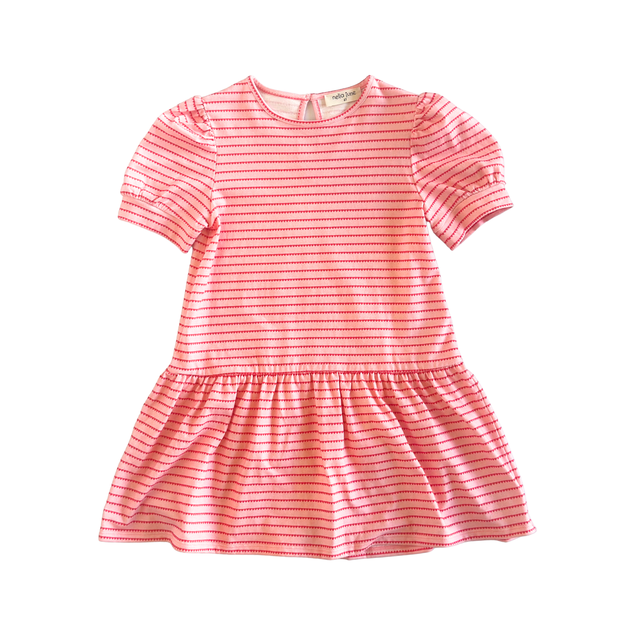 Puff Sleeve Tennis Dress in Pink & Red Heart Stripe Nella June Puff Sleeve Tennis Dress in Pink & Red Heart Stripe Nella June
