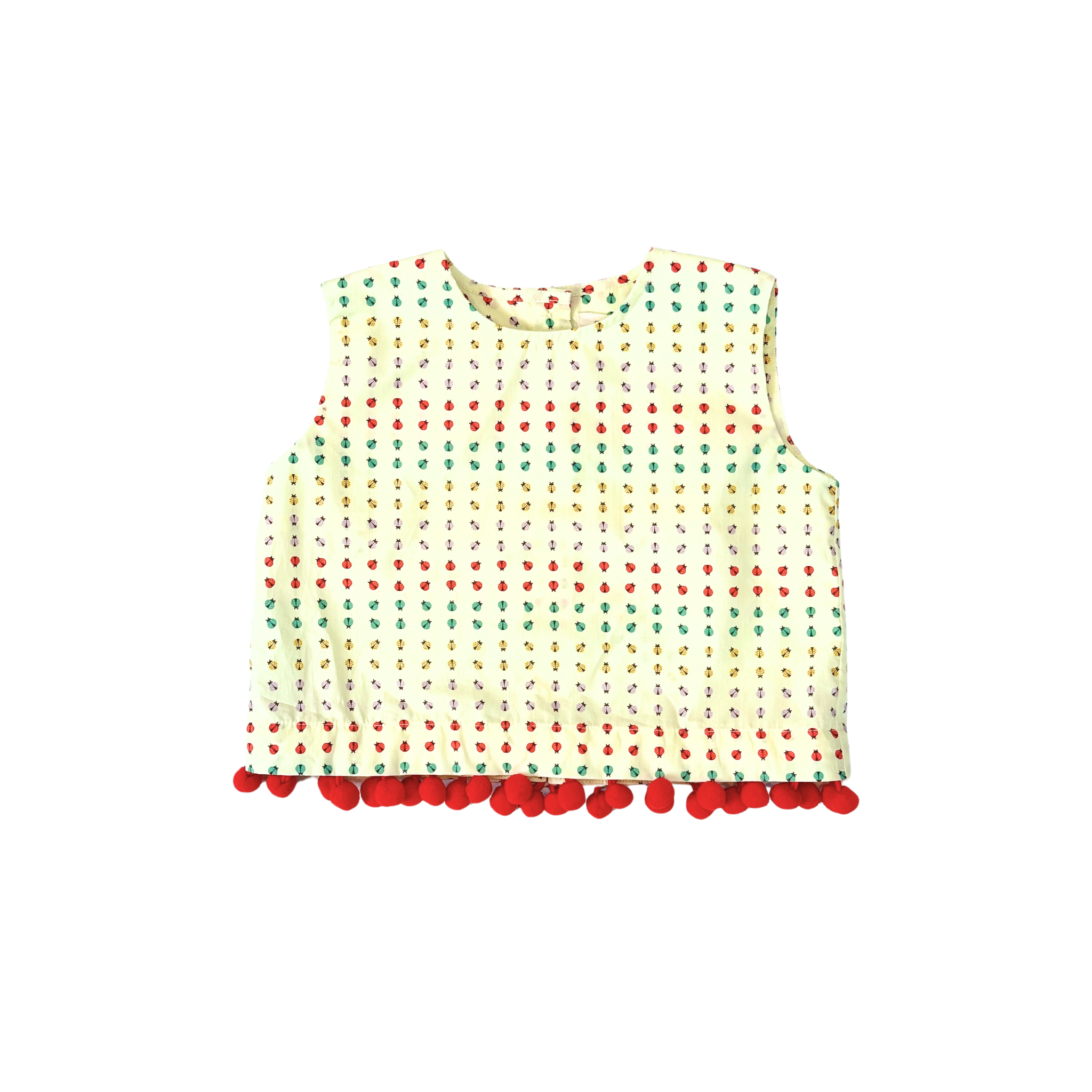 convertible top, pom poms, ladybug print