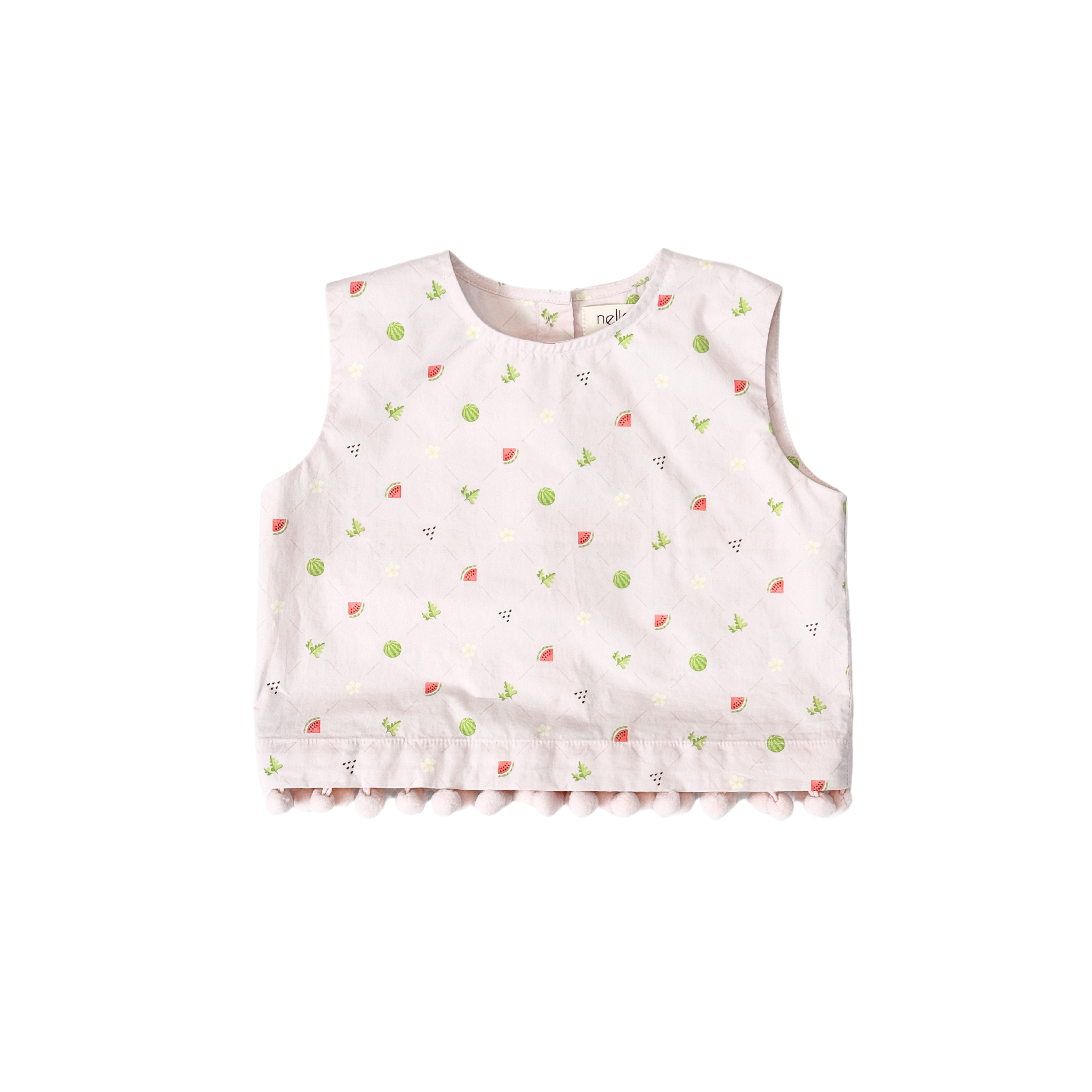 convertible top, pom poms, watermelon print