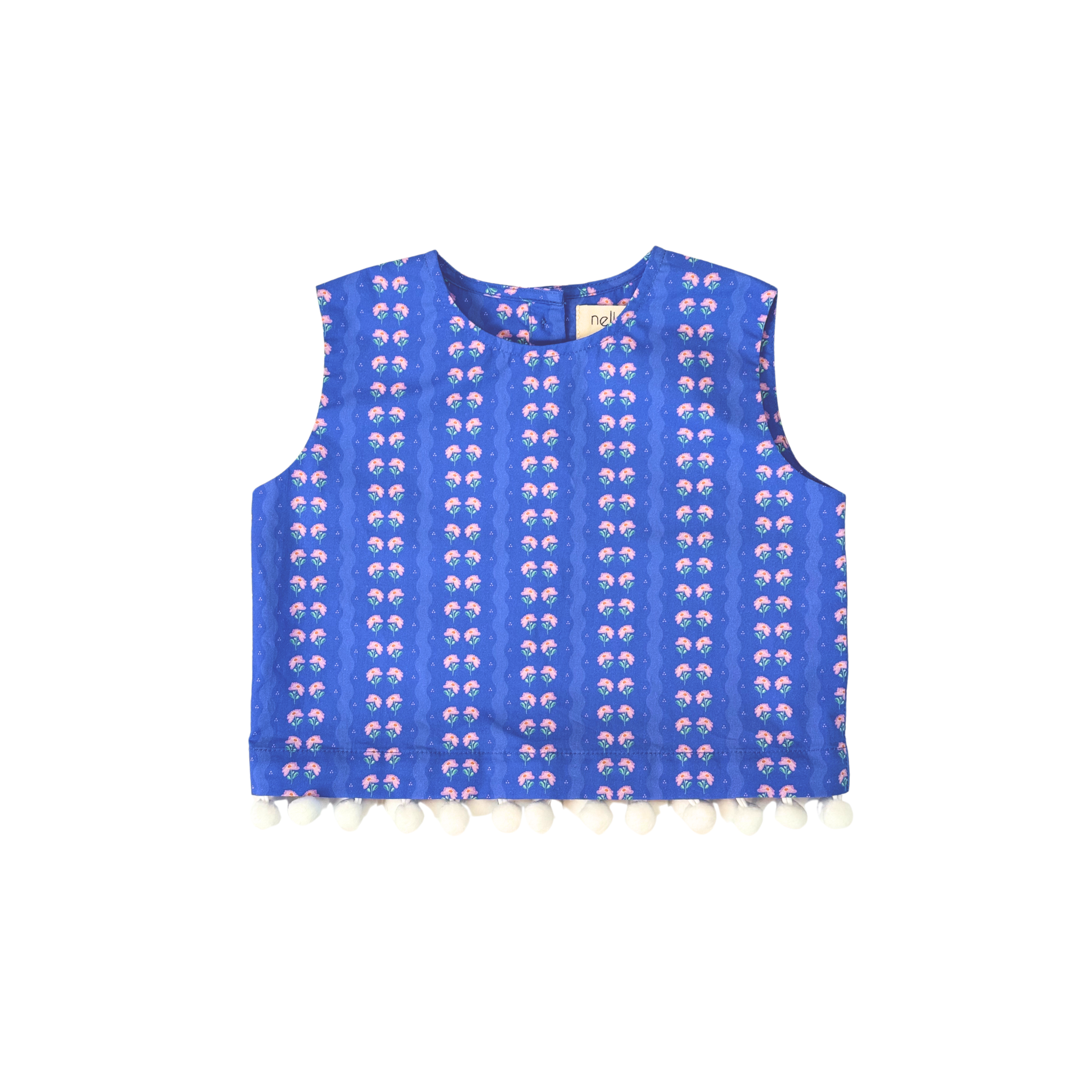 convertible top, pom poms, purple floral print