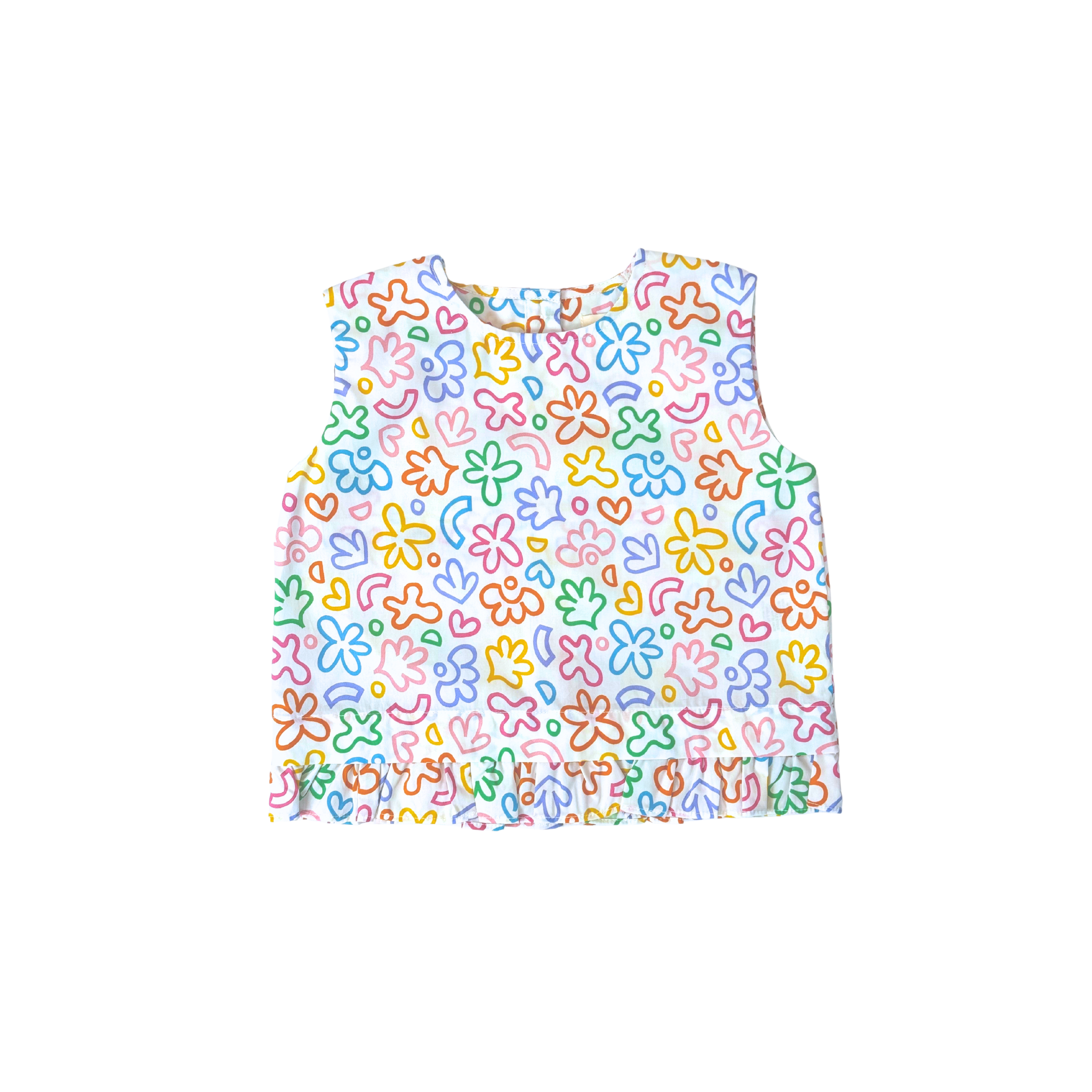 convertible top, ruffles, rainbow doodle print