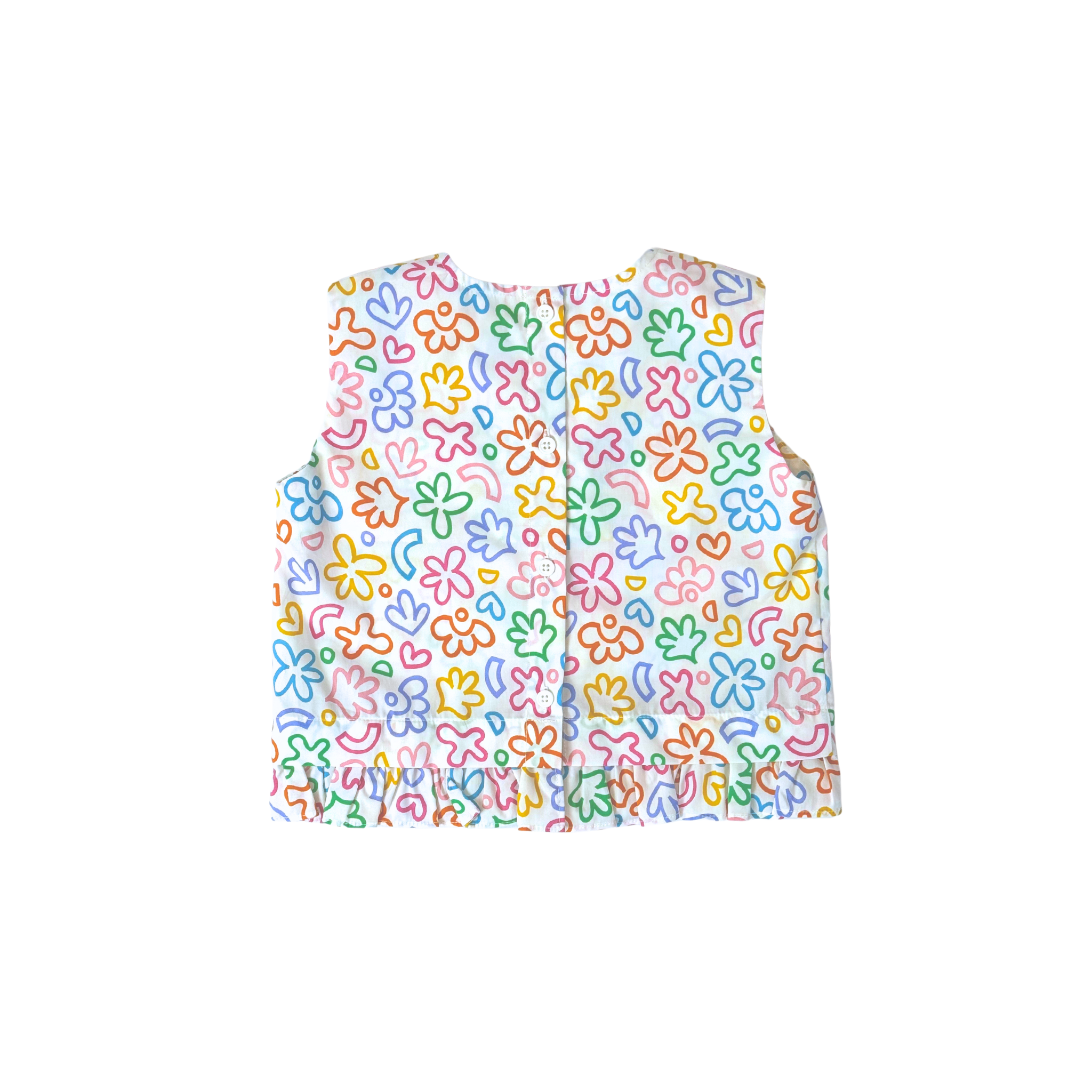 convertible top, ruffles, rainbow doodle print