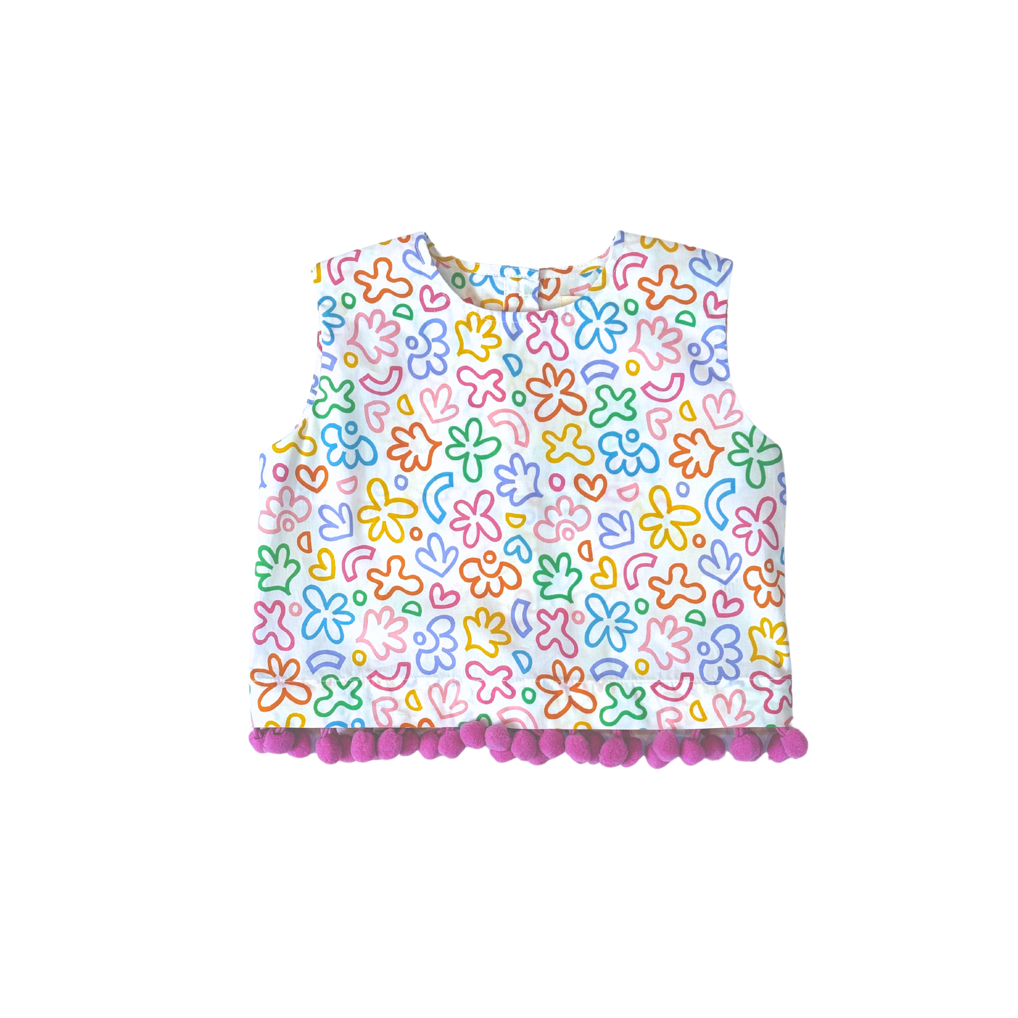 convertible top, pom poms, rainbow doodle print