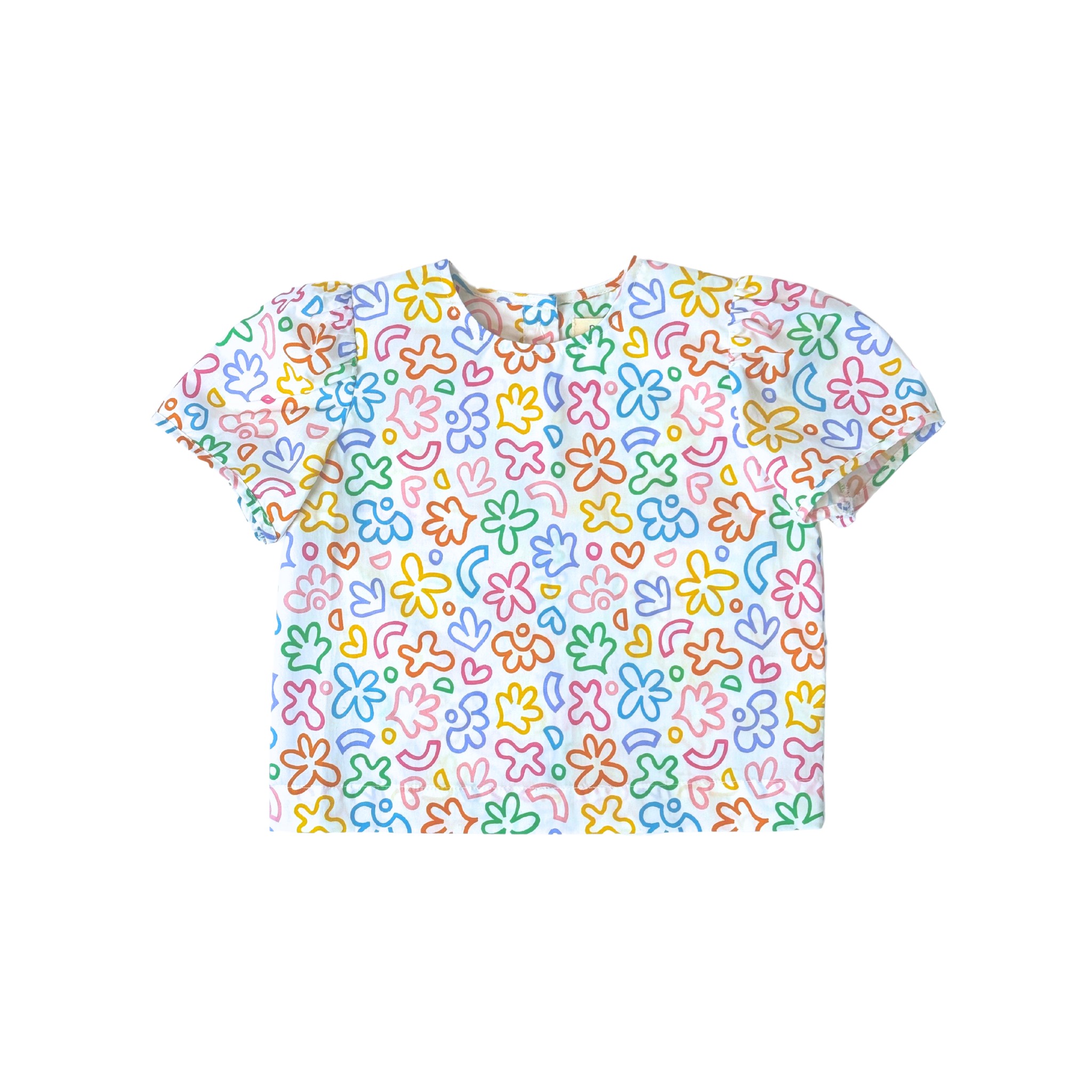 puff sleeve blouse, rainbow doodle print
