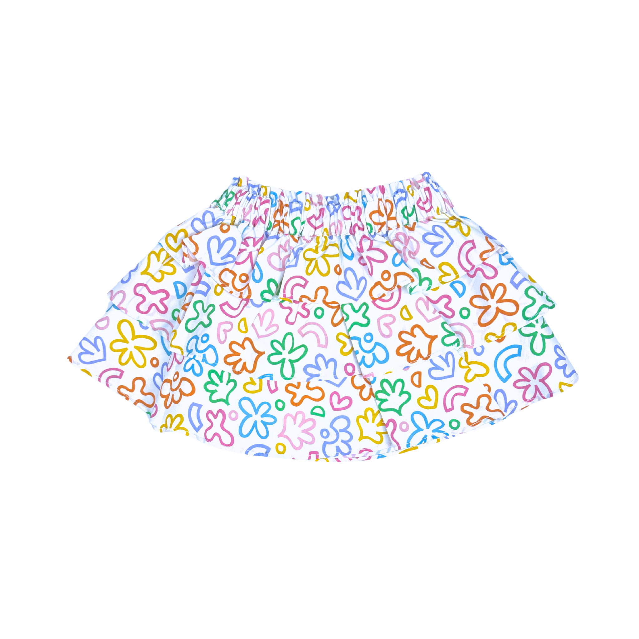 triple ruffle skirt, rainbow doodle print