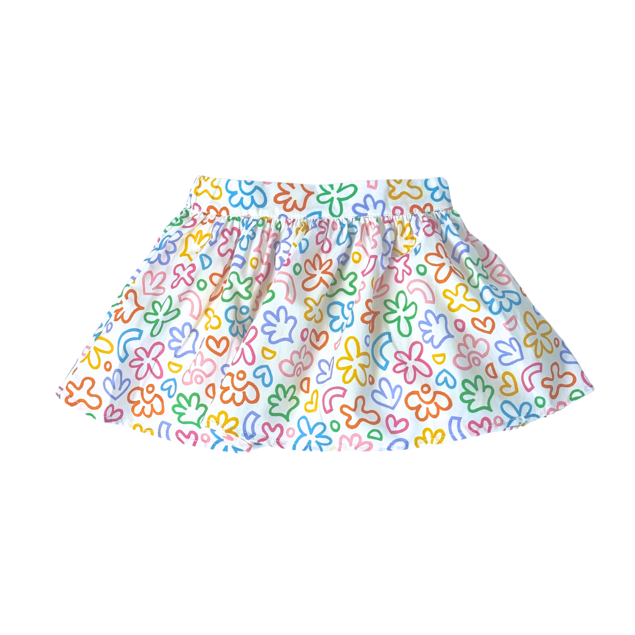 circle skirt for girls, built-in shorts, rainbow doodle print