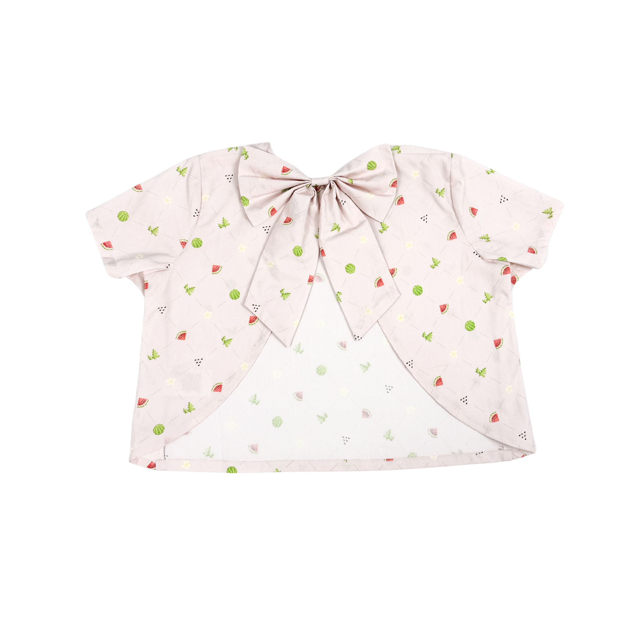 bow top, open back, large bow closure, watermelon print