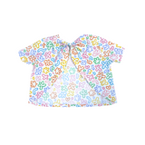 bow top, open back, large bow closure, rainbow doodle print