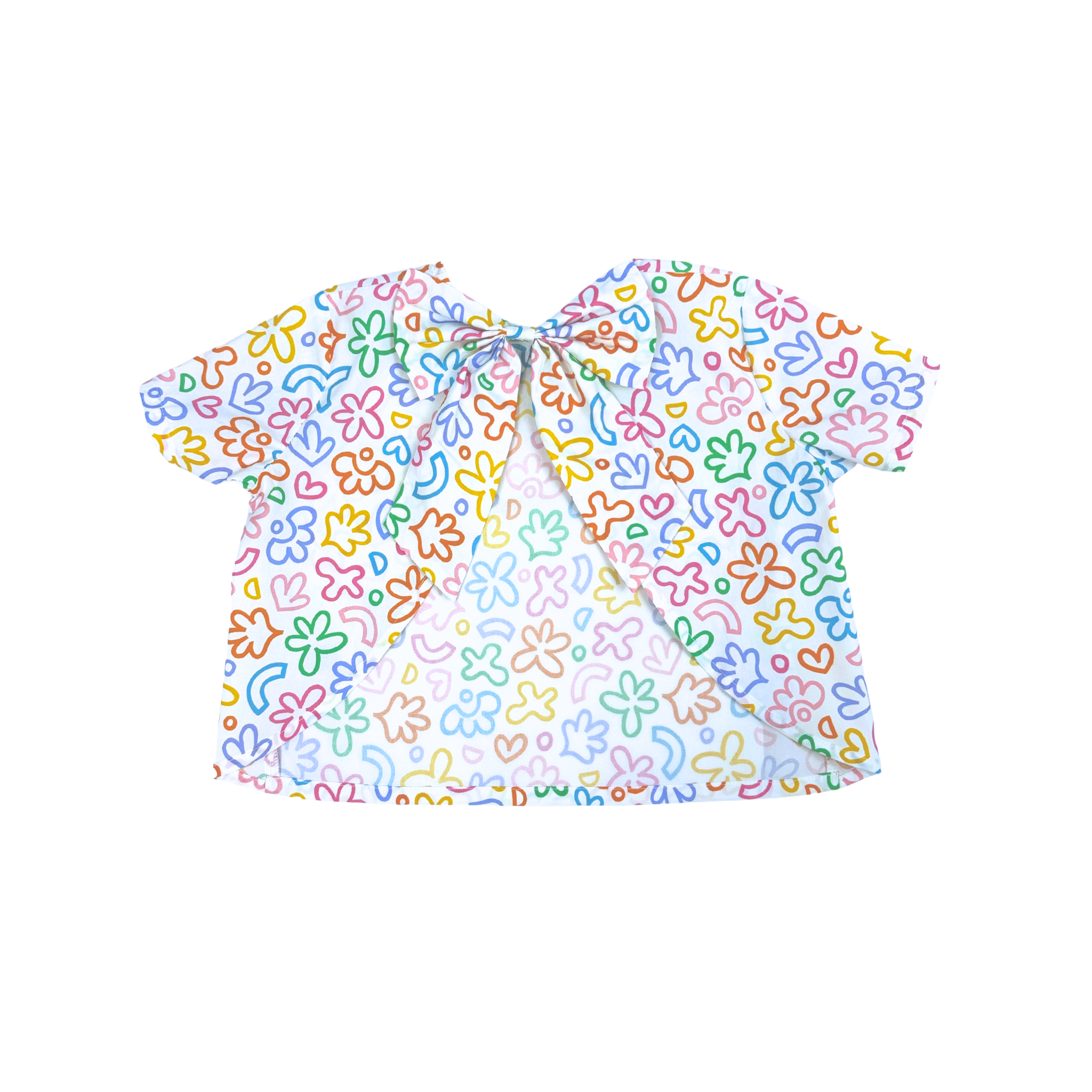 bow top, open back, large bow closure, rainbow doodle print