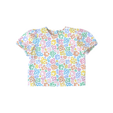 puff sleeve blouse, rainbow doodle print