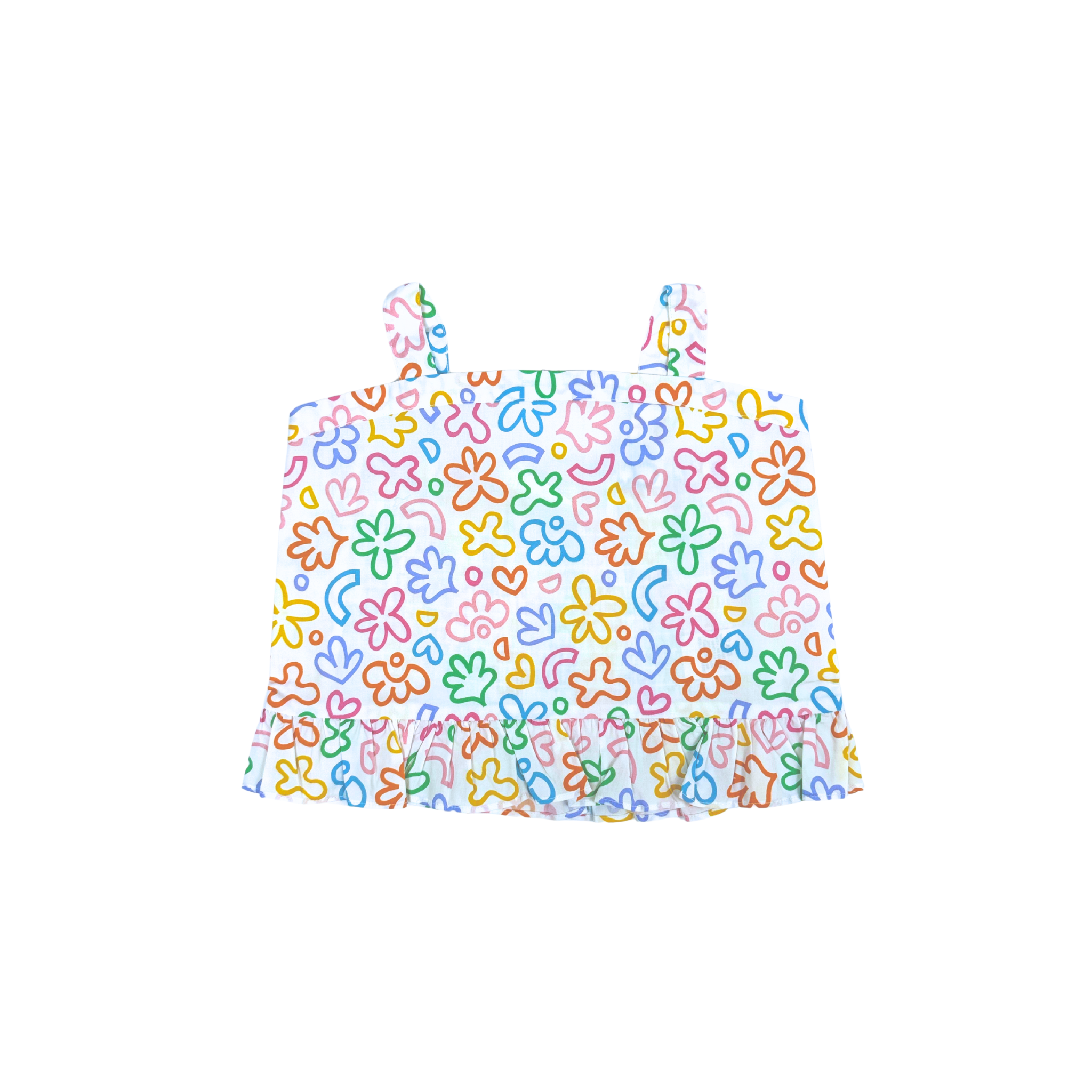 Peplum Top, sleeveless,  ruching on back, rainbow doodle print