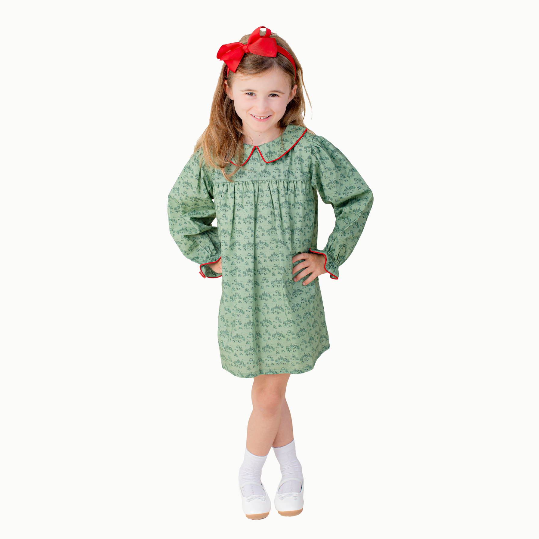 Girls' Holiday Dress in Christmas Village Nella June Girls' Holiday Dress in Christmas Village Nella June
